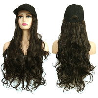 Paradise Synthetic Hair Hat 26" Long Hair Piece Adjustable Baseball Cap Attached/Women Wigs Natural Hair Full Head 26Inch (Curly Dark Brown) (Free Carry Pouch)