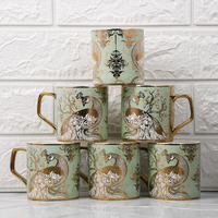 Femora Premium Peacock Motif With Leaves Pattern Ceramic Coffee & Tea Cup Set Of 6, 180 Ml, Golden