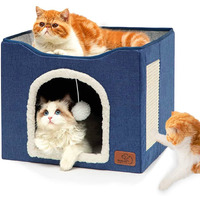 Qpets Cat Beds For Cats Large Cat House Cat Cave For Pet Cat House With Fluffy Ball Hanging Toy And Scratch Pad, Foldable Cat House Cat Hidewawy, Blue, 16.5X16.5X14 Inches