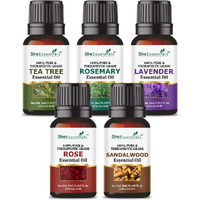 She Essentials Tea Tree, Rosemary, Lavender, Rose & Sandalwood Essential Oils | For Skin, Face, Hair & Aromatherapy | Reduces Acne, Wrinkles & Promotes Hair Growth | Suitable For Women & Men - 5X5Ml
