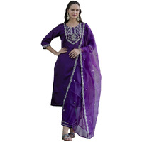 Vredevogel Kurta Set With Dupatta | Embroidered Silk Blend Straight Kurta Pant Set For Women | Women's Ethnic Casual Kurti Set (Purple_Medium)
