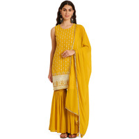 Shopping Queen Women's Georgette Embroidered Kurta Sharara Set With Dupatta (A509_Corn Yellow_2Xl)