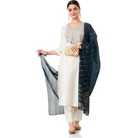 Amazon Brand - Myx Women's Embroidered Kurta Pant Set With Contrast Dupatta (Ss25-Myx-Ven-Ks-08_Teal Blue_2Xl)