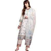 Indo Era Women's Off White Silk Blend Embroidered Straight Kurta And Pant With Dupatta Set (Kh9Ow6656_Medium)