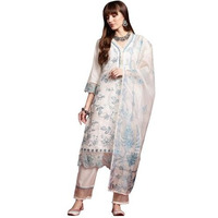 Indo Era Women's Off White Silk Blend Embroidered Straight Kurta And Pant With Dupatta Set (Kh9Ow6656_Small)