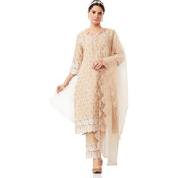 Amazon Brand - Myx Women's Embroidered Cotton Kurta Pant Set With Organza Dupatta (Ss25-Myx-Sur-Ks-18_Beige_M)