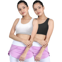 Dchica Sports Bra For Girls, Cotton Non Padded Full Coverage Beginners Non-Wired T-Shirt Gym Workout Bra With Regular Broad Strap, Activewear Training Bra For Teenager Kids (Pack Of 2) Black