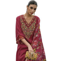 Indo Era Women's Red Embroidered Silk Blend A-Line Kurta & Pant With Dupatta Set (Ieout7377_Medium, Regular Fit)