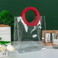Satyam Kraft 6 Pcs Transparent Bag Goodie Bags With Round Leather Handle Gift Bag, Hamper Bag, Carry Bags, Shopping Gift Bag For Valentine Gifting, Presents, Packing, Wedding Return Gifts, Birthday, Events, Party, Festivals (Red 20 X 18 Round)
