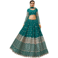 Zeel Clothing Women's Sequins Zari Embroidered Georgette Semi-Stitched Lehenga Choli With Dupatta (306-Teal-Wedding-Bridal-Latest-New; Free Size) (Teal Blue)