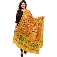 Banjara India Women's Cotton Embroidered Kutchi Dupatta Bharchak (Lemon Yellow)