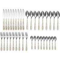 Anh Mart Mirror Finish Silver Gold Plated Stainless Steel Flatware Set Copper Silverware Set Rose Gold Spoon Color Cutlery Set [Dinner Fork-Tea Spoon-Salad Spoon-Knife] Set Of (Silver Gold, 36)