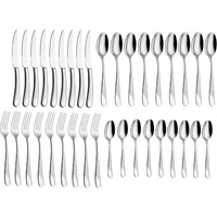 Anh Mart Mirror Finish Silver Plated Stainless Steel Flatware Set Copper Silverware Set Rose Gold Spoon Color Cutlery Set [Dinner Fork-Tea Spoon-Salad Spoon-Knife] Set Of (Silver Dot, 36)