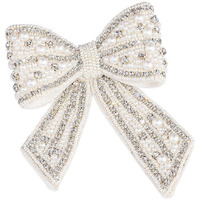Hair Drama Company Embellished Crystal Hair Bow Barrette Clip With Pearls - Off White - Long Tail Hair Ribbon Slides With Metal Barrette Clips - Handmade French Hair Accessories