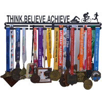 RUNWYND Think Believe Achieve Medal Hanger - Black Wall Medal Holder (56 cm x 9 cm) | Wall Medal Display for 40+ Medals. Medal Stand for Cycling, Swimming, Running, Triathlon.