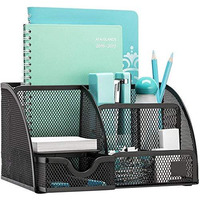 MeRaYo Metal Mesh Pen and Pencil Stationary Storage Tidy Desk Organizer Box with 6 Compartment for Home and Office Accessories (Black color)