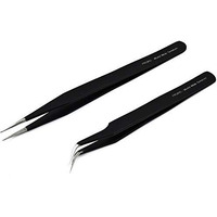 Pagkis Set Of 2 Black Coated Stainless Steel Tweezers - Straight & Curved