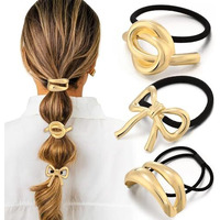 Chotaliya Metallic Hair Ties With Geometric Cuffs, Gold Ponytail Holders, Pack Of 3 Elastic Bands