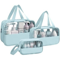 Hoopoes Travel Toiletry Pouch For Women & Men, Portable Cosmetic Organizer Bag For Full-Sized Shampoo, Brushes Set, Toys, Stationery, Bathroom & Makeup Accessories (Blue, 3 Pcs Set)