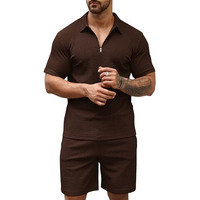 Vogaan Men's Polo Shirt And Shorts Set | Summer Fashion Short Sleeve Solid Zipper 2 Pieces Outfits For Men (Brown_L)
