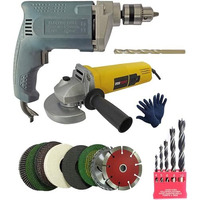 Inditrust 100% Copper Winding 6 Month Warranty 10Mm Electric Drill Machine & Electric Angle Grinder Machine 100Mm 8Pcs Wheel Combo 5Pc Wood 1Pc Masonry & Gloves (Pack Of 13)