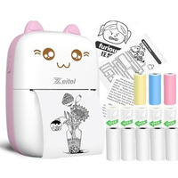 Zeitel Mini Bluetooth Thermal Printer, Portable Label Printer Inkfree Printer For Android & Ios System, Black On White Thermal Printer With 10 Roll Of Print Paper, Stickers, Pink