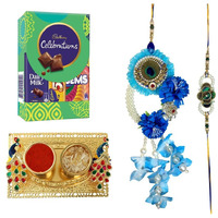 Cluze Designer Rakhi Pair For Bhaiya Bhabhi- Heavy Set Of Couple Rakhi With Peacock Theme Roli Chawal Platter And Cadbury Celebration Pack Of 59.8 Gram
