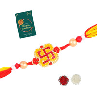 Estele - Rakhi For Bhaiya: Gold Plated Yellow & Red Enamelled Swastik Premium Single Rakhi With Roli Chawal & Greeting Card For Brother & Sister|Embrace Protection & Grace This Raksha Bandhan