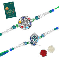 Estele Combo Rakhi For Bhaita: Silver Oxidized Plated Peacock Feather & Circle Design Set Of 2 Premium Rakhi With Roli Chawal & Greeting Card For Brother|Celebrate Raksha Bandhan With Love & Elegance