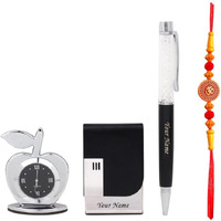 Celebr8 Customized Card Holder, Pen, Desk Clock & Free Rakhi Gift Set Combo For Brother, Sister, Bhabhi Rakshabandhan Hamper Personalosed Gifting Hamper