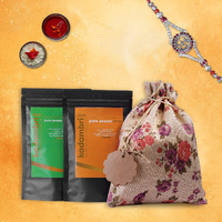 Kadambri Teas Rakhi For Brother With Gift Combo Set || Luxury Rakshabandhan Gift Hamper || Gift Box Contains: 1 Premium Green Tea, 1 Pure Assam Chai, 1 Rakhi, Roli Chawal In Floral Linen Jute Bag (1 Rakhi)