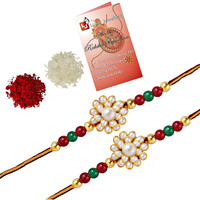 Lucky Jewellery Designer Fancy Traditional Rakhi Gold Plated Red Thread For Bro/Brother/Bhaiya/Bhai/Bhabhi (Pack Of 2) Rakshabandan Rakhe Crystal And Pearl Moti With Stone Rakhee Bracelet Rakshasutra For Boys & Men (96-Wemr1-1136-W)