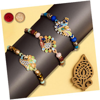 Finemoe Set Of 3 Colorful Designer Rakhi For Brother With Roli Chawal Pack - Elegant Handmade Rakhis With Peacock Motif, Delicate Beads & Thread Work, Traditional Rakshabandhan Gift For Bhai, Bhaiya