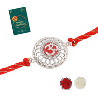 Estele Rhodium Plated Red Enamel Om Bracelet With Fancy Silk Thread For Men
