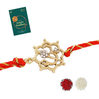 Estele Gold Plated Floral Om Bracelet With Austrian Crystals And Divine Red Silk Thread For Men
