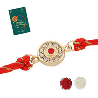 Estele Men's Gold Plated Sacred Circle Bracelet With Red & White Austrian Crystals And Divine Red Silk Thread