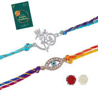 Estele Men's Gold & Rhodium Plated Auspicious Evil Eye, Shivay Om Bracelet With Austrian Crystals And Fancy Silk Thread (Combo Of 2)