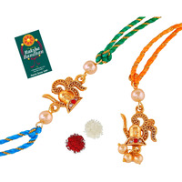Estele Gold Plated Divine Lord Shiva With Om Symbol Rakhi Set For Bhaiya & Bhabhi With Pearls And Multi-Colored Silk Thread