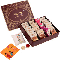 Loyka Select Regal Tin (Reusable) With Bhaiya Bhabhi Rakhi, Roli, Chawal & Card  A Luxurious Gifting Delight With 5 Almond Brittle Gold, 5 Brownie, 8 Pops, 6 Cookies & Rich Dark Chocolate Almond Treats  Perfect For Celebrations & Special Moments!