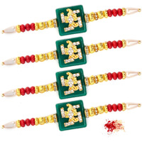 Vibhavari Elegant Green Rakhi/Band For Beloved Brother With Tilak Material (Rakhi Combo Of 4)