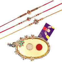 Accessher Mens Presents Traditional Religious Deity Inspired Rakhi Set Of 3 For Brother With Acrylic Peacock Pooja Thali, Roli Kumkum Packets And Happy Rakshabandhan Card