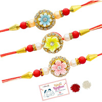 Chottey Lal And Sons Rakshabandhan Thread Floral Rakhi With Roli Chawal Combo Set || Traditional Thread Colorful Designer Rakhi For Borther And Sister (Pack Of 3, Multicolor)