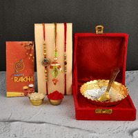 Yalambar Rakhi Hamper For Brother German Silver Bowl Set With Velvet Box Set With Red Velvet Box (Rakh2023 Rakhi Set With Bowl Set Free Rakhi Card)-Rakh202305-2