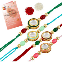 Lucky Jewellery Designer Fancy Traditional Rakhi Set For Men Veera Slogan Peacock Design Red Thread Rakhi Combo For Brother/Bhaiya/Bhabhi (Pack Of 4) Rakshabandan Multicolor Rakhee Rakshasutra