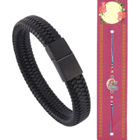 Fashion Frill Rakhi For Bhaiya Peacock Design Rakhi With Black Leather Bracelet For Boys Rakhi Gift For Brother/Bro/Bhai Combo Pack Of 2
