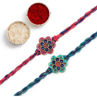 The Purple Tree Meenakari Pink And Green Floral Rakhis For Men With Roli Chawal And Card (Pack Of 2) Rakhi For Bhai, Rakshabandhan Gift, Rakhi Gift, Best Rakhi For Brother
