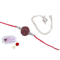 Jfl-Jewelleryforless Handmade Rakhi Combo Couple Pair Panch Mukhi Rudraksh And Ganesha Charm Unisex Bracelet Silver Plated Set For Bhaiya Bhabhi With Roli Chawal And Written Greeting Note