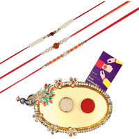 Accessher Traditional Gift Set Of 5 With Rudraksh & Beaded Rakhis Pack Of 3 For Brother With Peacock Pooja Thali, Roli Kumkum And Happy Rakshabandhan Card