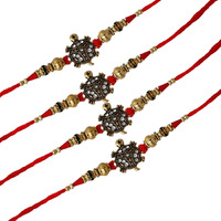 Kartik Designer Rakhi For Bhaiya & Bhabhi Set Of 4 Pieces With Roli Chawal Bottles & Greeting Card Colour Assorted
