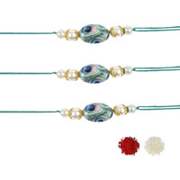 I Jewels Pearl & Peacock Feather Designer Bhaiya Rakhi With Roli Chawal For Brother/Bro/Men With Rakshabandhan Card (R103-3) (Pack Of 3)
